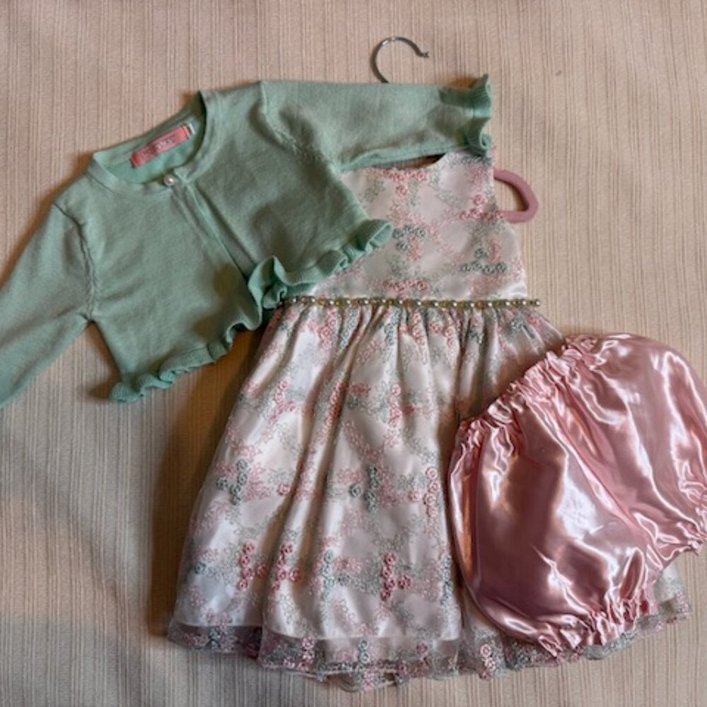 Pink Butterfly Floral Dress 18M | Mint Bolero & Pearls + Pink Satin Bloomer